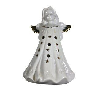 Vtg White Angel Tea Light Holder Gold Accents stars celestial christmas
